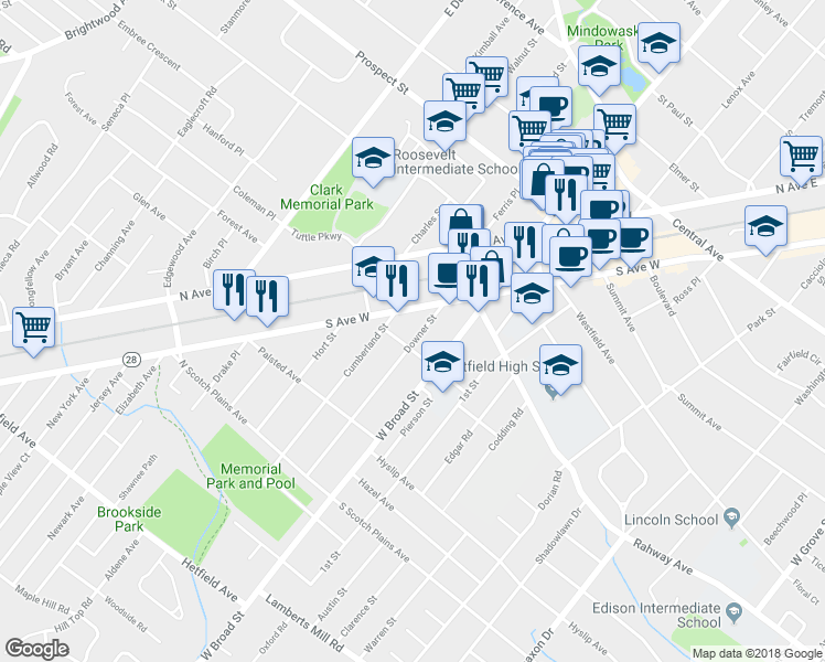 map of restaurants, bars, coffee shops, grocery stores, and more near 430 Downer Street in Westfield