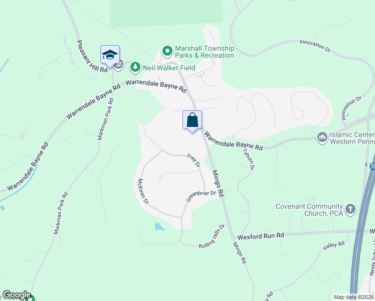 map of restaurants, bars, coffee shops, grocery stores, and more near 319 Frey Drive in Wexford