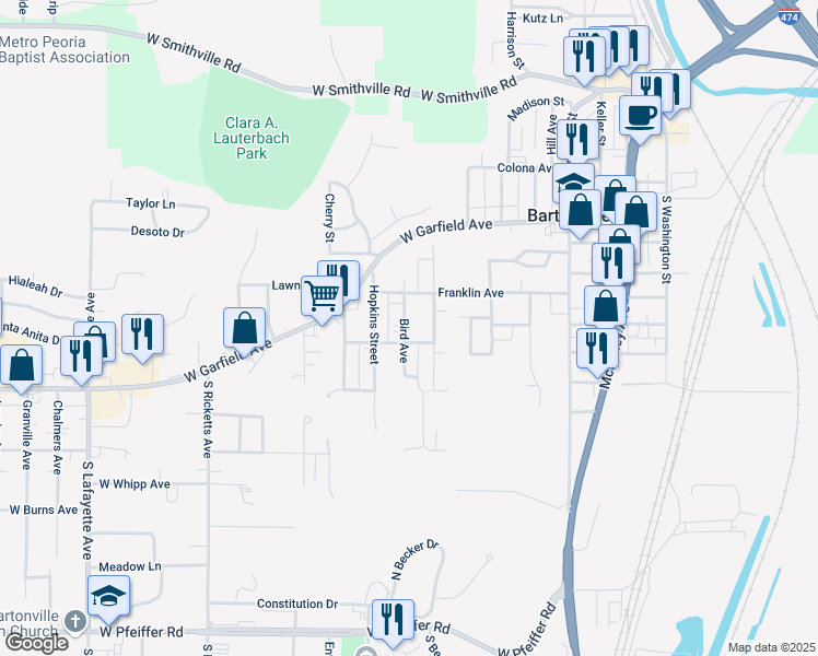 map of restaurants, bars, coffee shops, grocery stores, and more near 212 Bird Avenue in Bartonville
