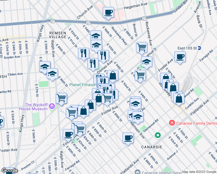 map of restaurants, bars, coffee shops, grocery stores, and more near 855 Remsen Avenue in Brooklyn
