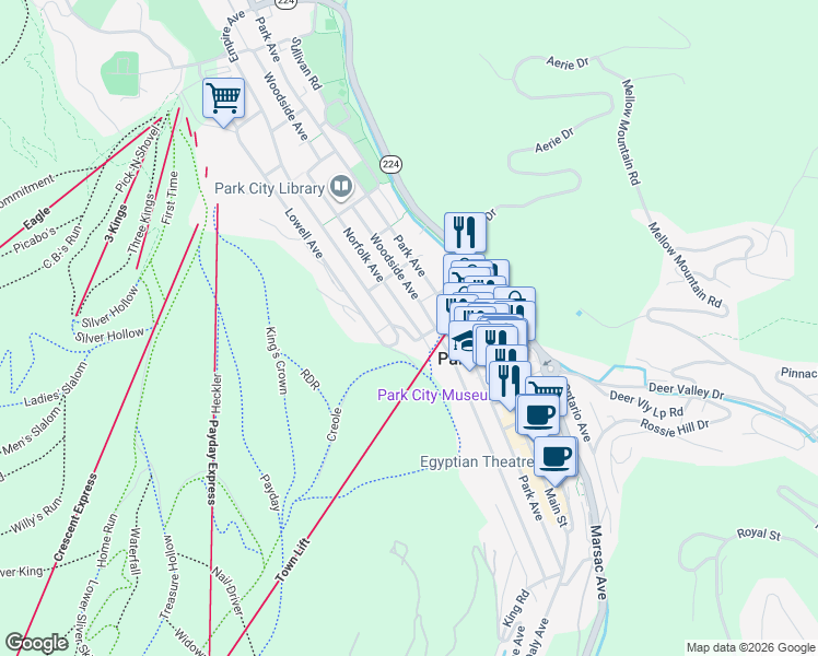 map of restaurants, bars, coffee shops, grocery stores, and more near 823 Norfolk Avenue in Park City