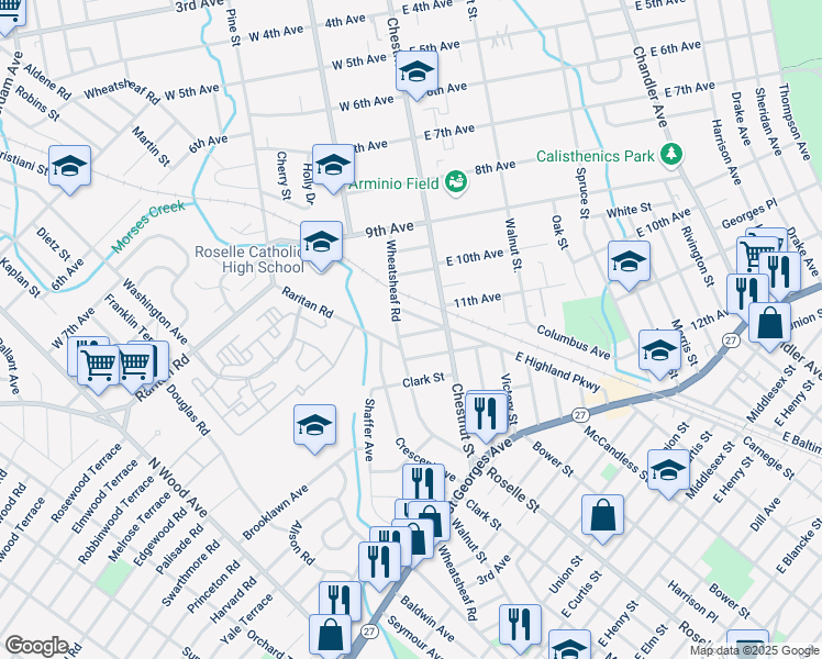 map of restaurants, bars, coffee shops, grocery stores, and more near 128 Dennis Street in Roselle
