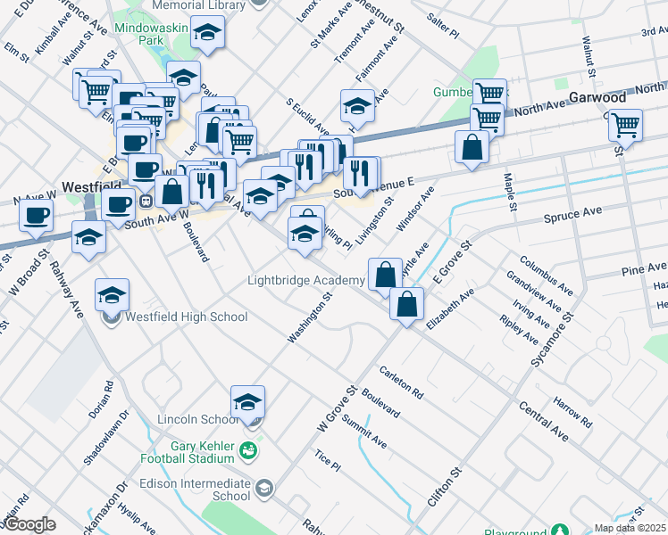 map of restaurants, bars, coffee shops, grocery stores, and more near 645 Central Avenue in Westfield