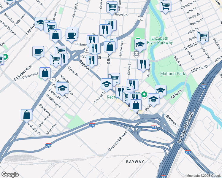 map of restaurants, bars, coffee shops, grocery stores, and more near 639 Bayway Avenue in Elizabeth