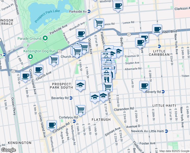 map of restaurants, bars, coffee shops, grocery stores, and more near 644 Ocean Avenue in Brooklyn