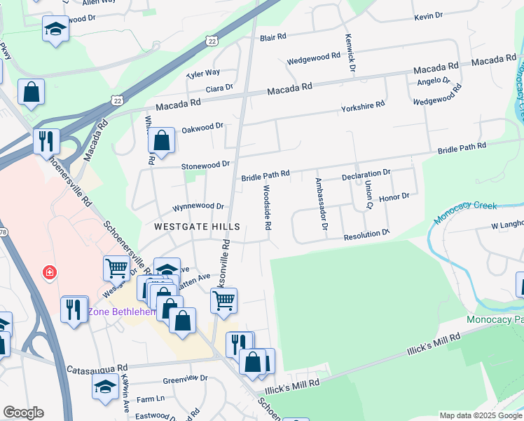 map of restaurants, bars, coffee shops, grocery stores, and more near 2665 Woodside Rd in Bethlehem