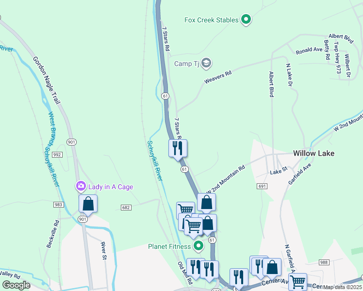 map of restaurants, bars, coffee shops, grocery stores, and more near 7 Stars Road in Pottsville