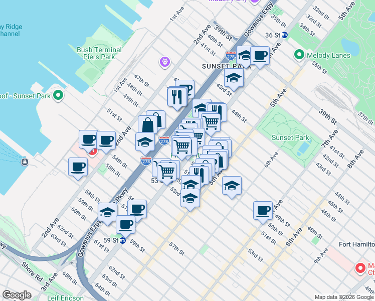 map of restaurants, bars, coffee shops, grocery stores, and more near in Brooklyn