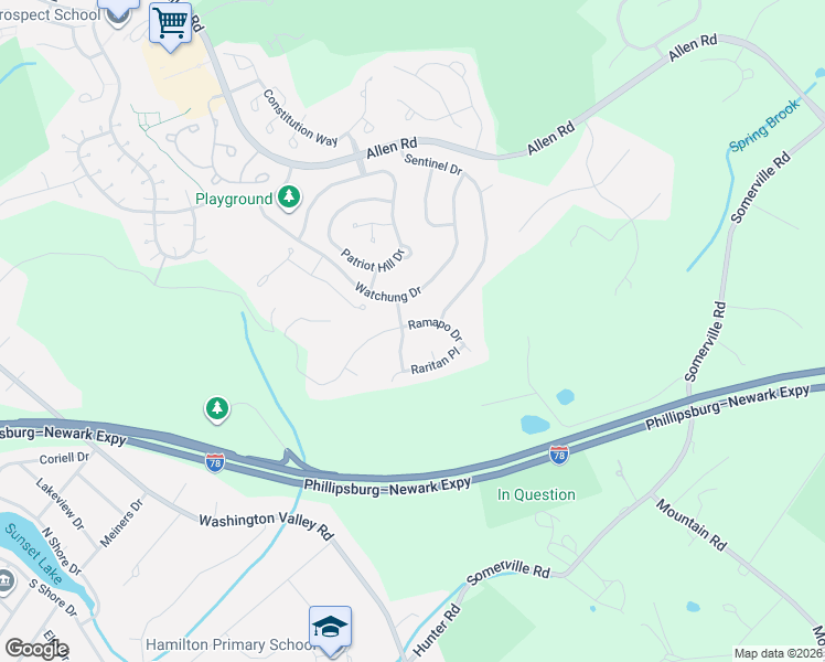 map of restaurants, bars, coffee shops, grocery stores, and more near 45 Ramapo Drive in Basking Ridge