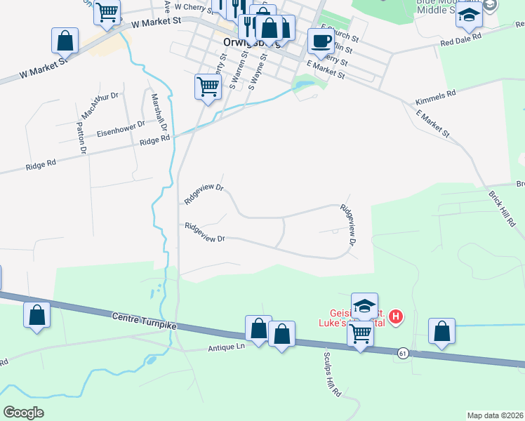map of restaurants, bars, coffee shops, grocery stores, and more near 3020 Ridgeview Drive in Orwigsburg