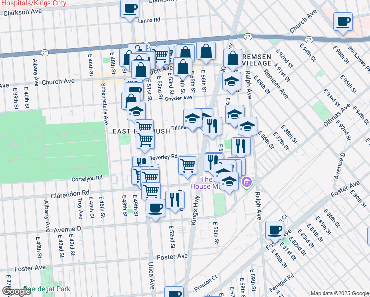 map of restaurants, bars, coffee shops, grocery stores, and more near 476 East 54th Street in Brooklyn