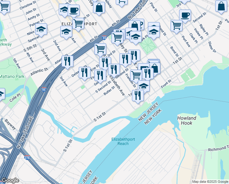 map of restaurants, bars, coffee shops, grocery stores, and more near 36 Butler Street in Elizabeth