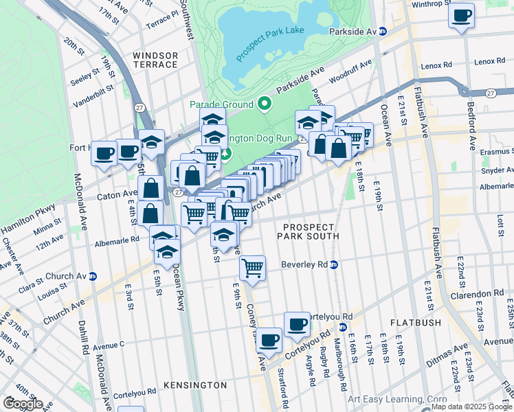 map of restaurants, bars, coffee shops, grocery stores, and more near Stratford Rd & Church Ave in Brooklyn
