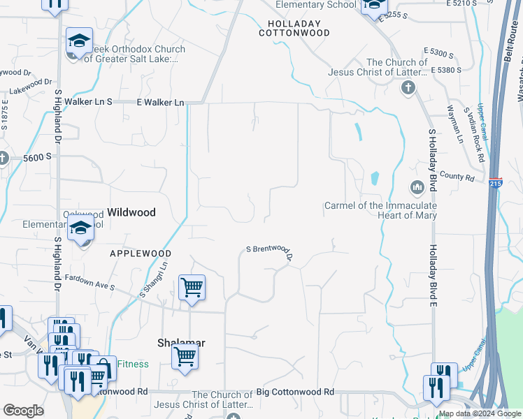 map of restaurants, bars, coffee shops, grocery stores, and more near 2392 Cottonwood Lane in Holladay