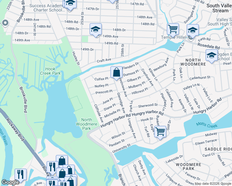 map of restaurants, bars, coffee shops, grocery stores, and more near 662 Prescott Place in Valley Stream