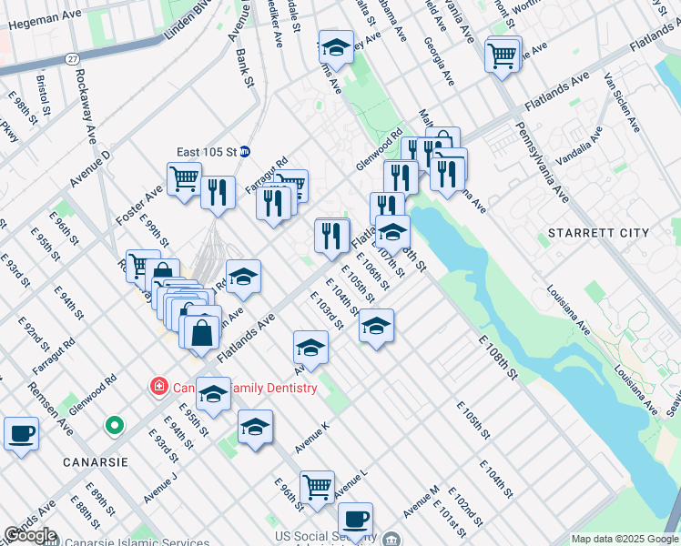 map of restaurants, bars, coffee shops, grocery stores, and more near 918 East 105th Street in Brooklyn