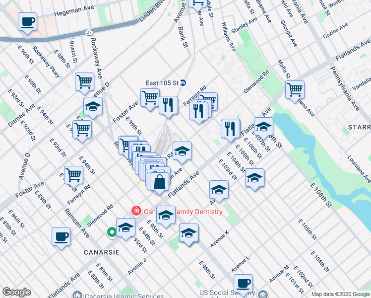 map of restaurants, bars, coffee shops, grocery stores, and more near 707 East 101st Street in Brooklyn