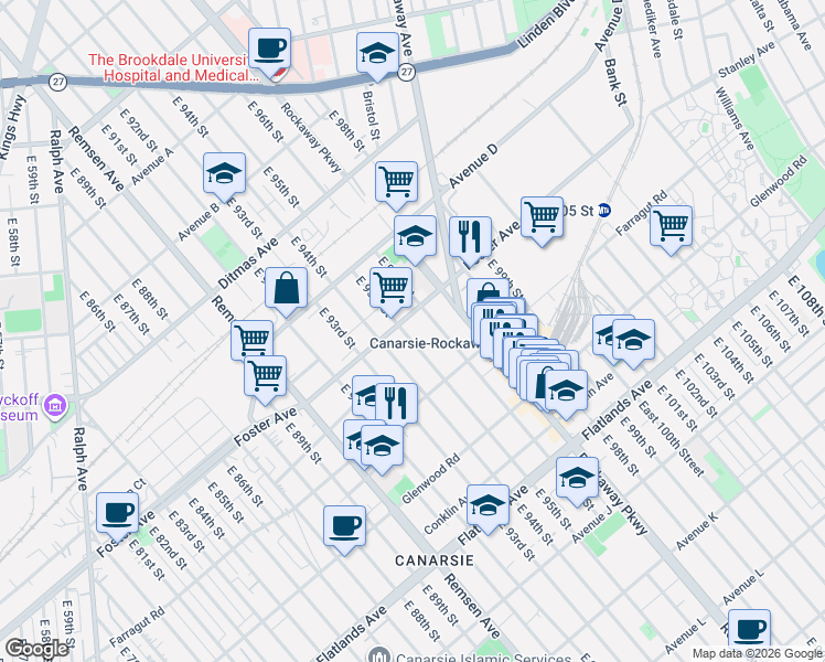 map of restaurants, bars, coffee shops, grocery stores, and more near 940 East 96th Street in Brooklyn