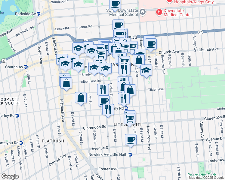 map of restaurants, bars, coffee shops, grocery stores, and more near 2715 Tilden Avenue in Brooklyn