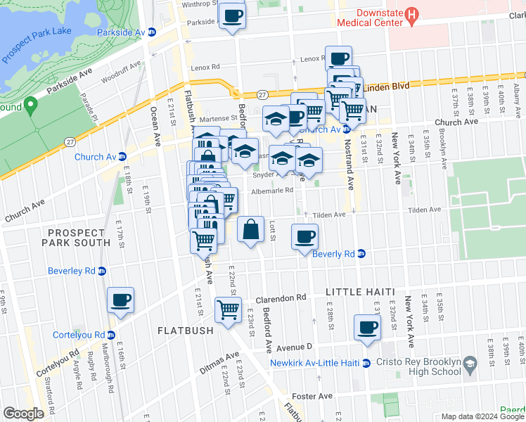map of restaurants, bars, coffee shops, grocery stores, and more near 30 Oakland Place in Brooklyn