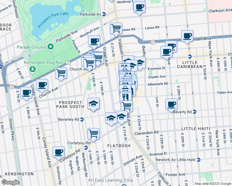 map of restaurants, bars, coffee shops, grocery stores, and more near 644 Ocean Avenue in Brooklyn