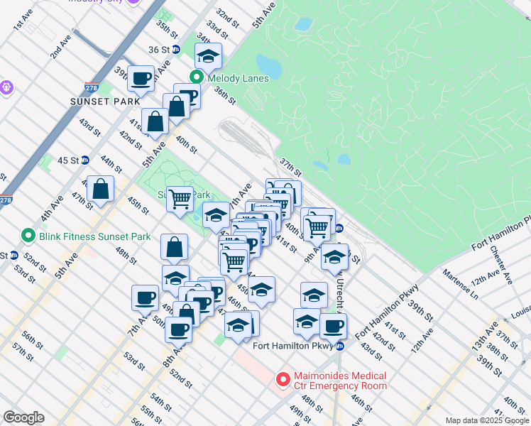 map of restaurants, bars, coffee shops, grocery stores, and more near 735 41st Street in Brooklyn