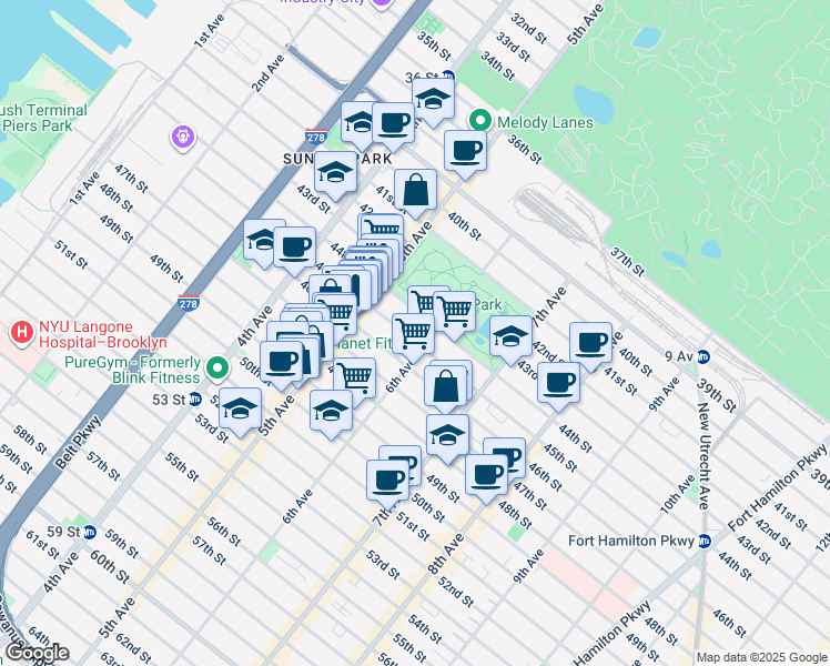 map of restaurants, bars, coffee shops, grocery stores, and more near 569 45th Street in Brooklyn