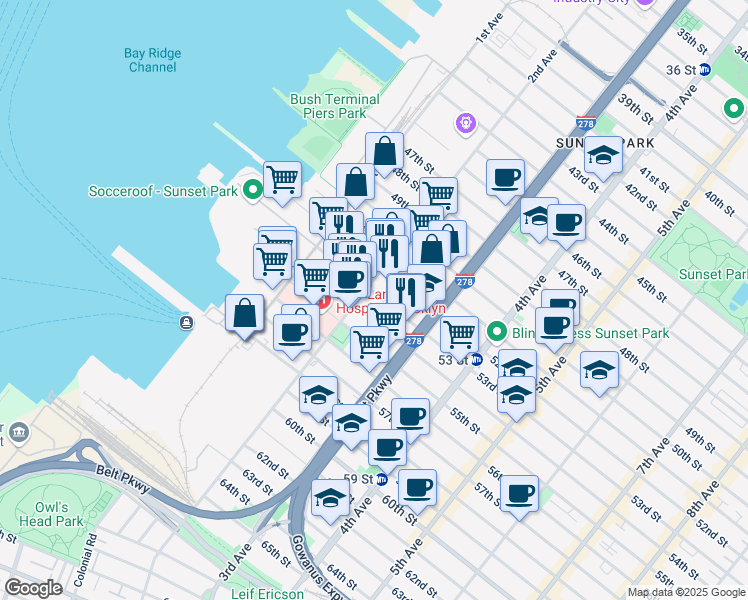 map of restaurants, bars, coffee shops, grocery stores, and more near 169 54th Street in Brooklyn