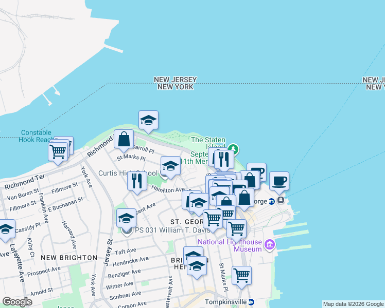 map of restaurants, bars, coffee shops, grocery stores, and more near 216 Richmond Terrace in Staten Island