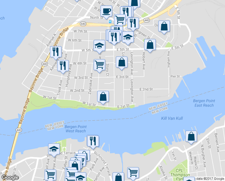 map of restaurants, bars, coffee shops, grocery stores, and more near 45 Broadway in Bayonne