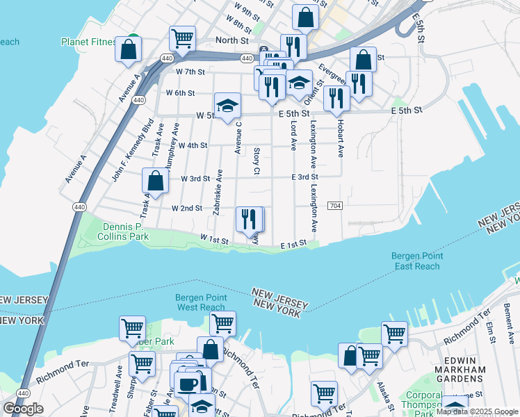 map of restaurants, bars, coffee shops, grocery stores, and more near 45 Broadway in Bayonne