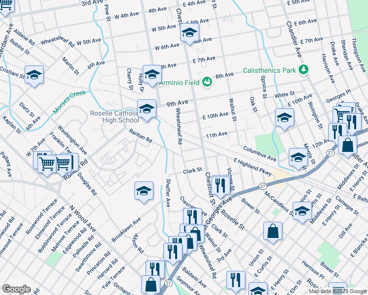 map of restaurants, bars, coffee shops, grocery stores, and more near 128 Dennis Street in Roselle