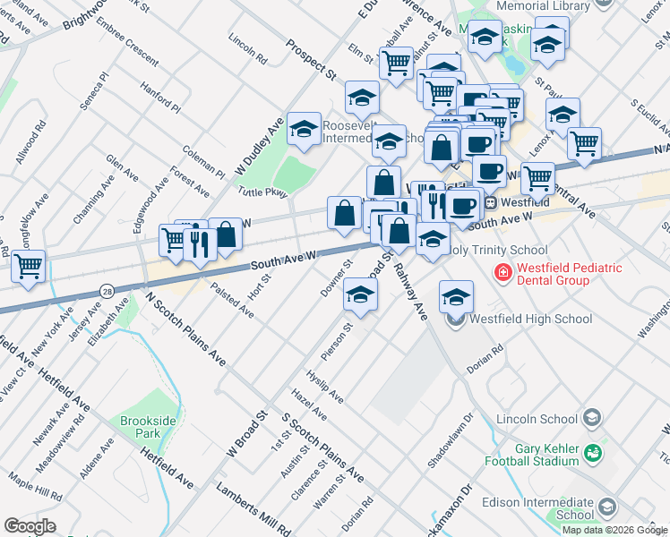 map of restaurants, bars, coffee shops, grocery stores, and more near 430 Downer Street in Westfield