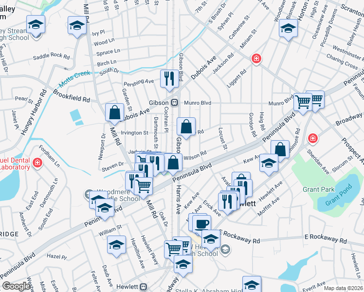 map of restaurants, bars, coffee shops, grocery stores, and more near 189 Gibson Boulevard in Valley Stream