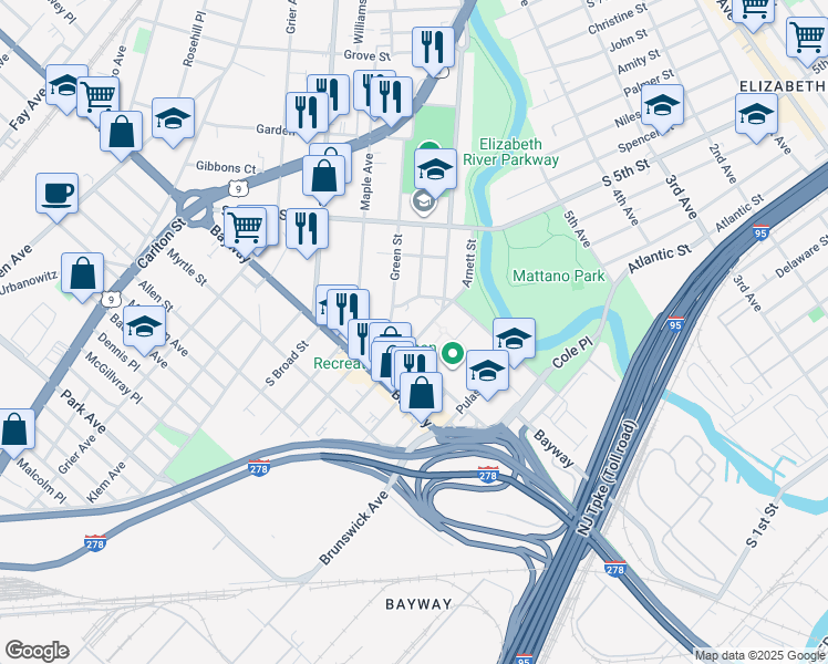 map of restaurants, bars, coffee shops, grocery stores, and more near 27 F Mravlag Manor in Elizabeth