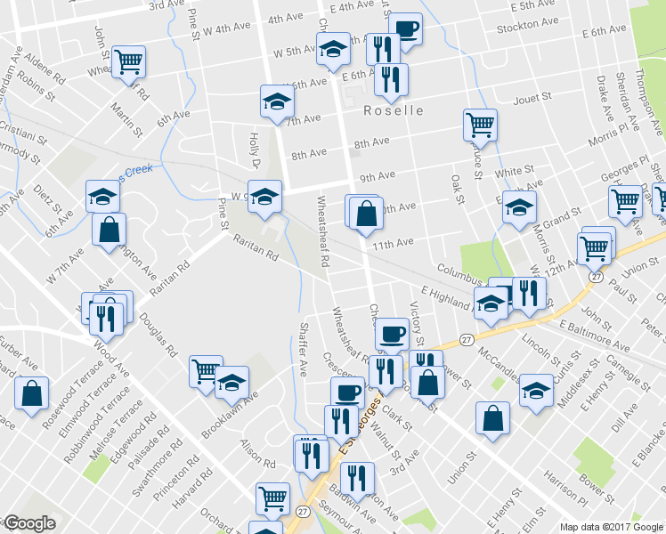 map of restaurants, bars, coffee shops, grocery stores, and more near 128 Dennis Street in Roselle