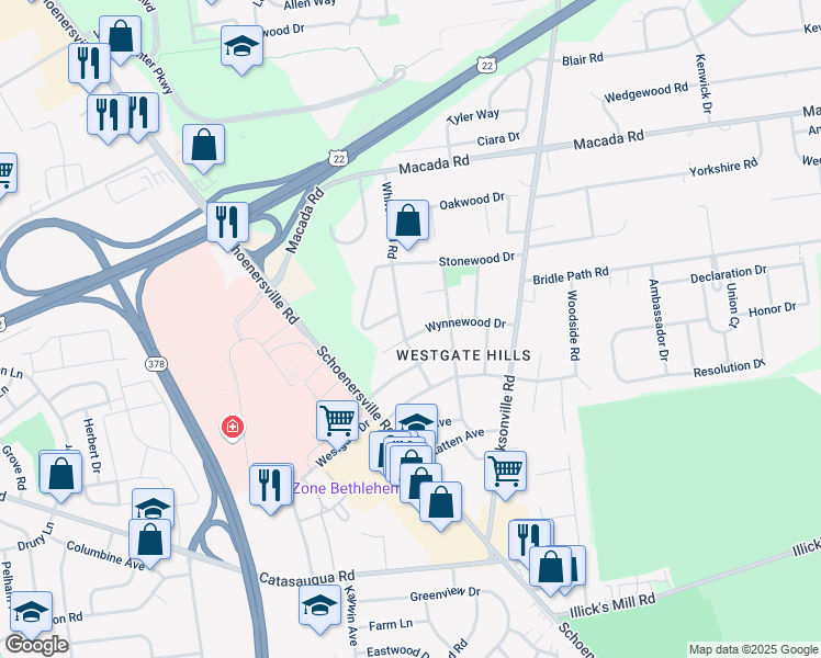 map of restaurants, bars, coffee shops, grocery stores, and more near 1444 Wynnewood Drive in Bethlehem