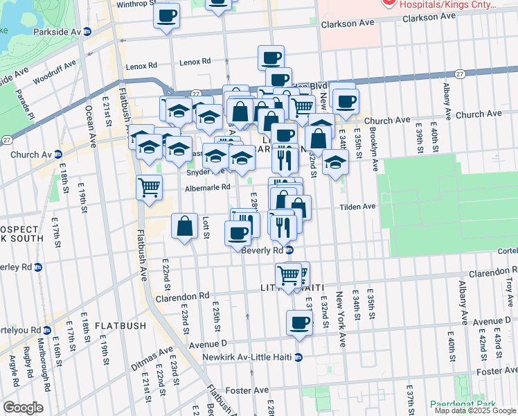 map of restaurants, bars, coffee shops, grocery stores, and more near 2715 Tilden Avenue in Brooklyn