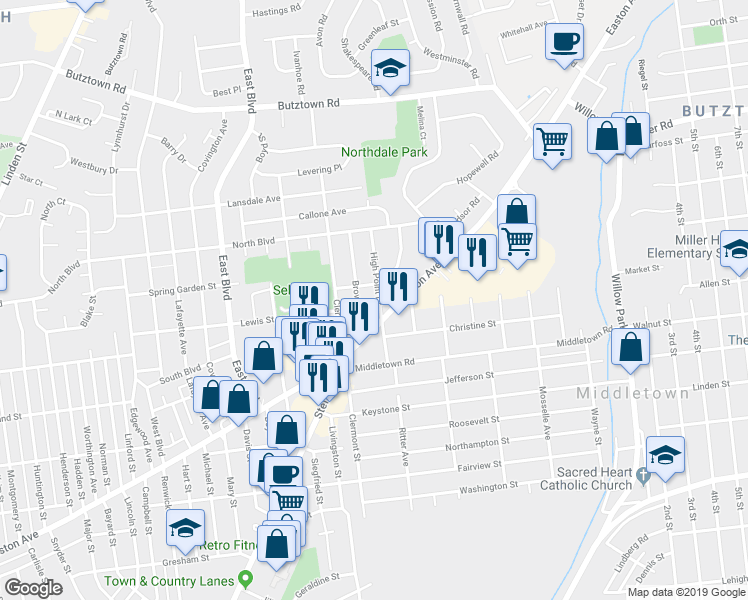map of restaurants, bars, coffee shops, grocery stores, and more near 2323 High Point Drive in Bethlehem