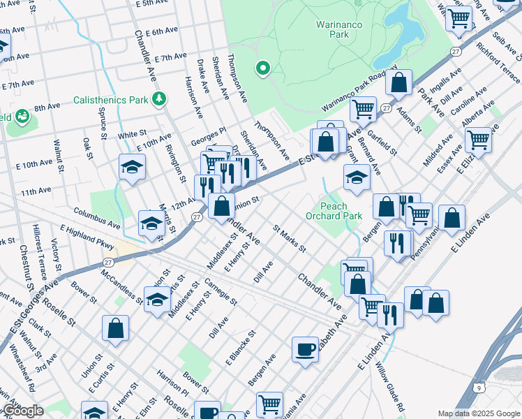map of restaurants, bars, coffee shops, grocery stores, and more near 1304 Middlesex Street in Linden