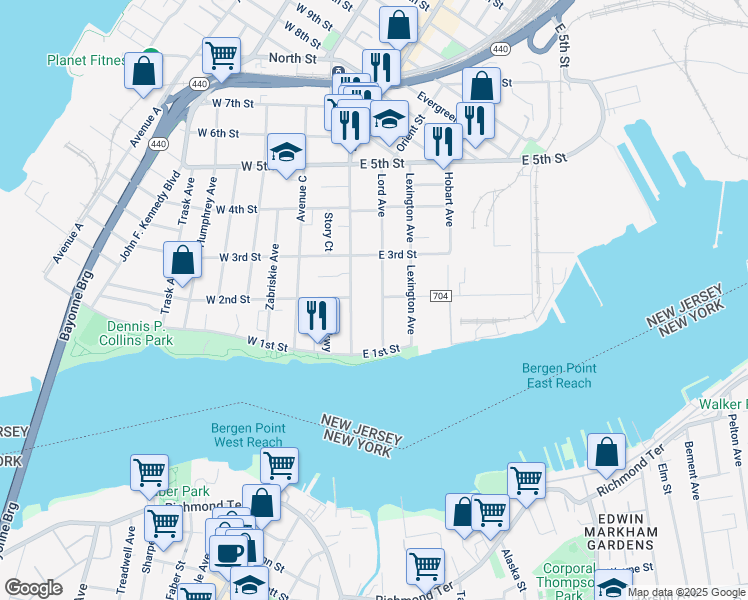 map of restaurants, bars, coffee shops, grocery stores, and more near 43 Lord Ave in Bayonne
