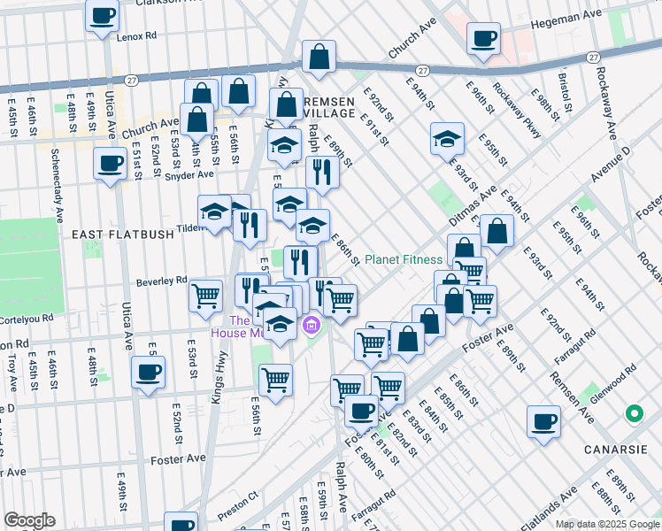 map of restaurants, bars, coffee shops, grocery stores, and more near 1193 Ralph Avenue in Brooklyn