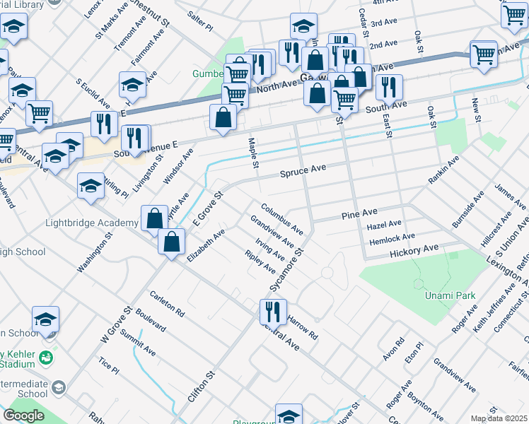 map of restaurants, bars, coffee shops, grocery stores, and more near 916 Columbus Avenue in Westfield