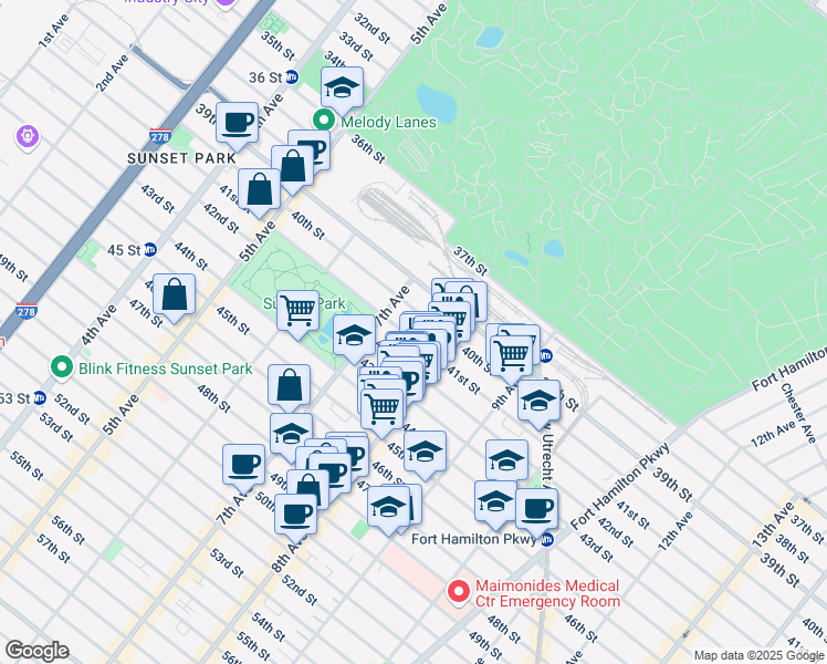 map of restaurants, bars, coffee shops, grocery stores, and more near 735 41st Street in Brooklyn