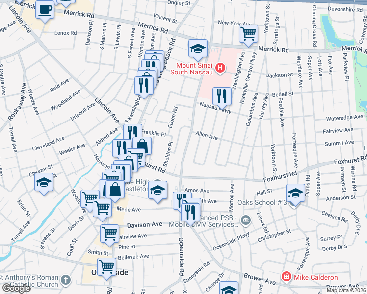 map of restaurants, bars, coffee shops, grocery stores, and more near 2618 Oceanside Road in Oceanside
