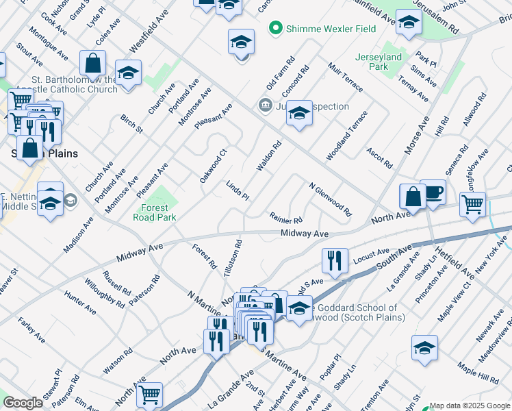 map of restaurants, bars, coffee shops, grocery stores, and more near 142 Tillotson Road in Fanwood