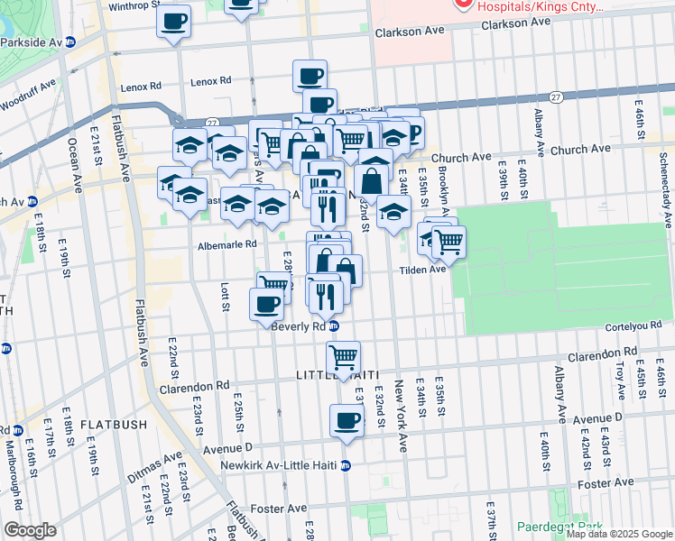 map of restaurants, bars, coffee shops, grocery stores, and more near 3011 Tilden Avenue in Brooklyn