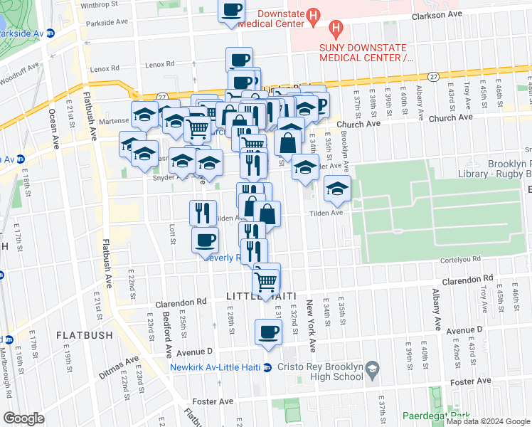 map of restaurants, bars, coffee shops, grocery stores, and more near 3021 Tilden Avenue in Brooklyn