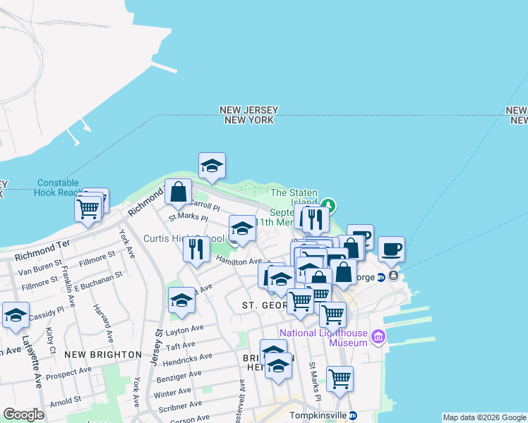 map of restaurants, bars, coffee shops, grocery stores, and more near 216 Richmond Terrace in Staten Island