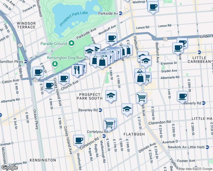 map of restaurants, bars, coffee shops, grocery stores, and more near 1701 Albemarle Road in Brooklyn